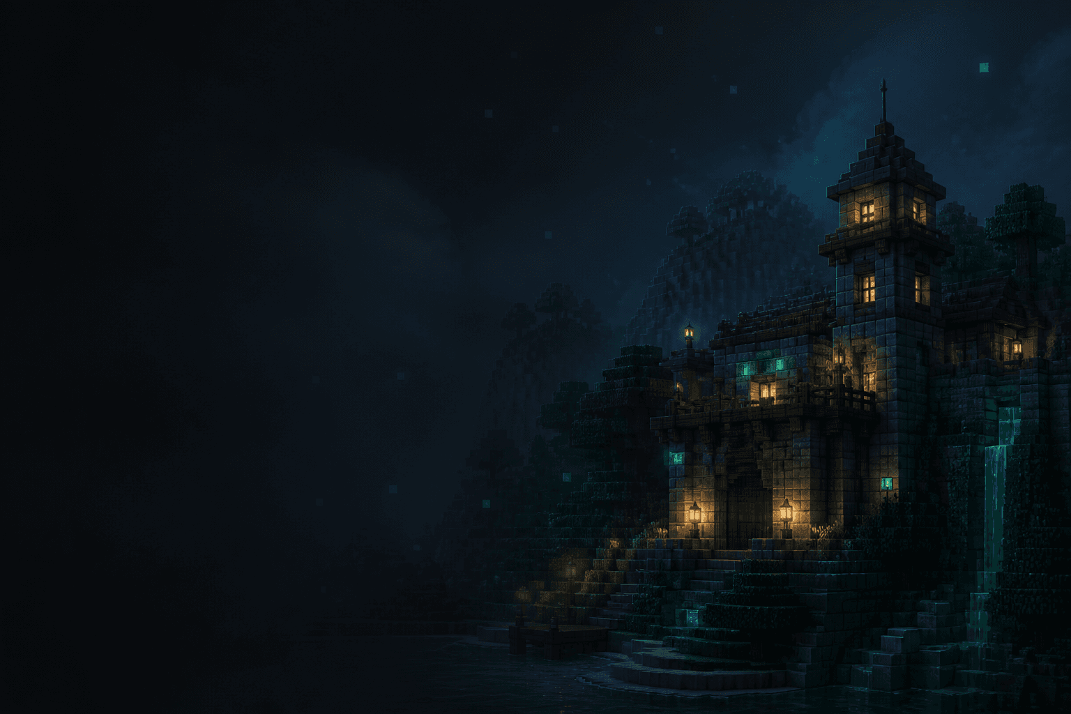 Base Minecraft iluminada durante a noite